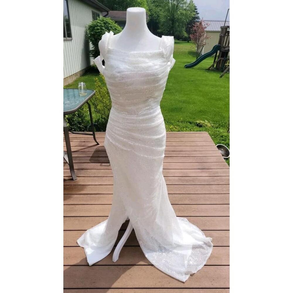 Off Shoulder White Sequined Mermaid Style Wedding Formal Dress Size 2 with Slit